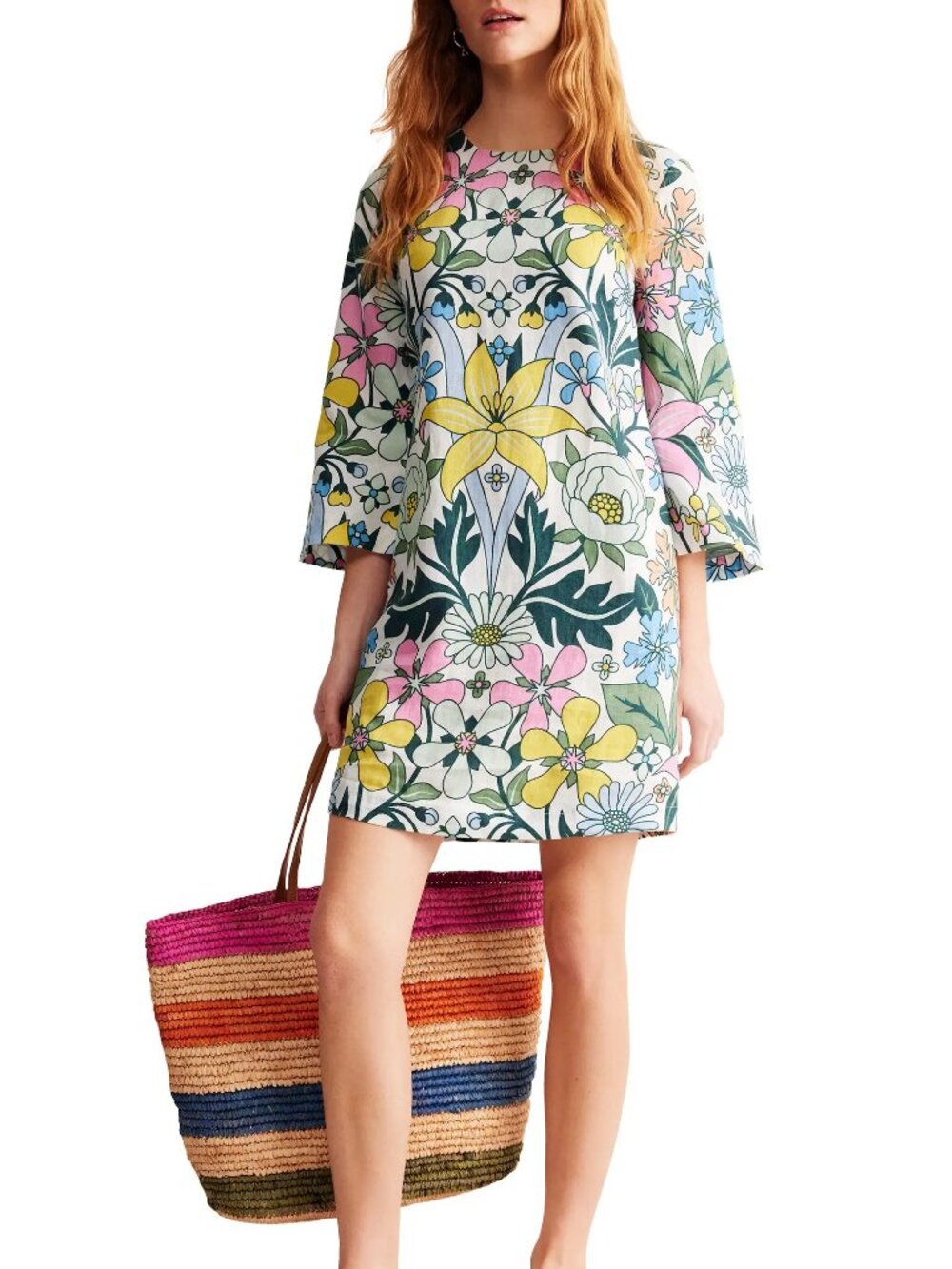 Boden Floral 3/4 Sleeve Linen Mini Shift Dress Boho Cottagecore White Yellow - 8